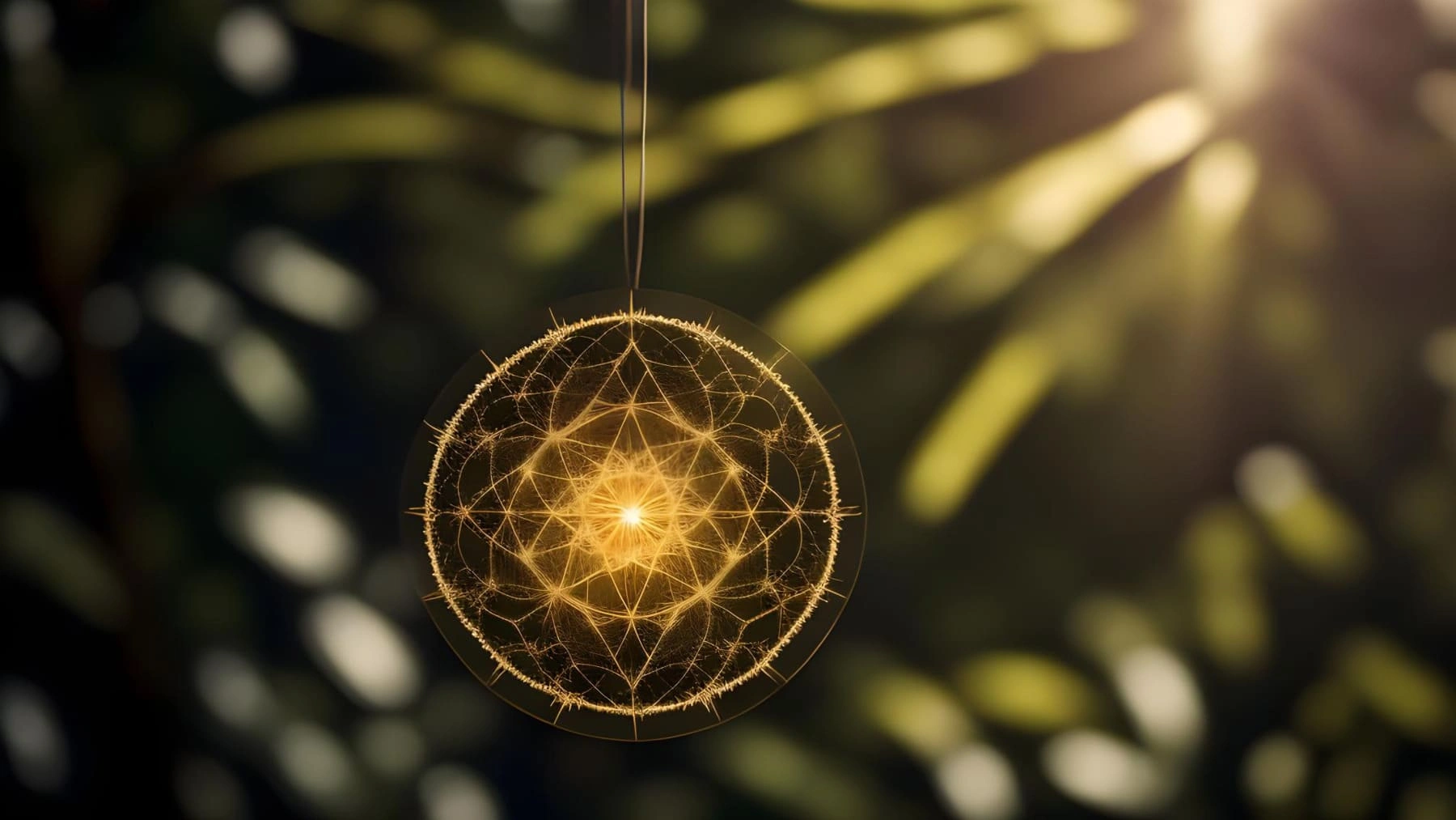 Luminous geometric ornament among jungle leaves